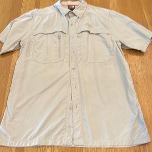 Pale blue, gray, men’s short sleeve, top with zipper pocket and venting